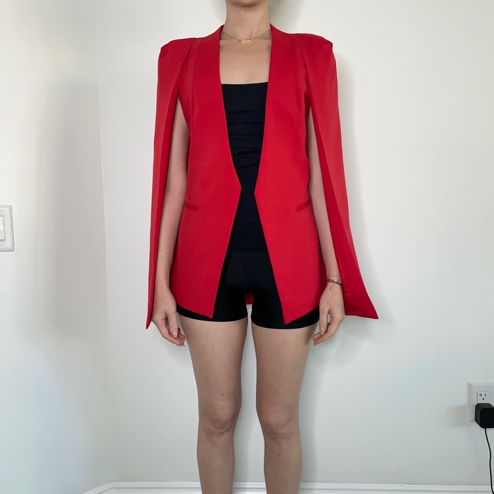 Red cape blazer with shoulder pads